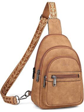 〽️Women's Camel Brown Vegan Leather Anti Theft Sling Travel Purse Crossbody Bags